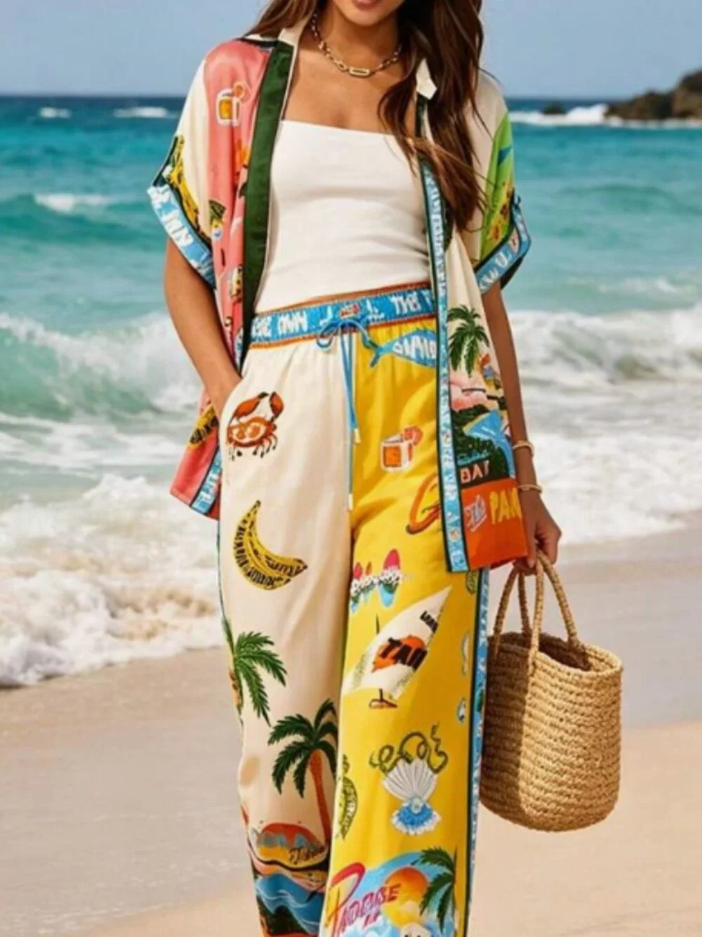 Tropical Resort 2-Piece Matching Set | Colorful Vacation Print | Wide Leg Pants